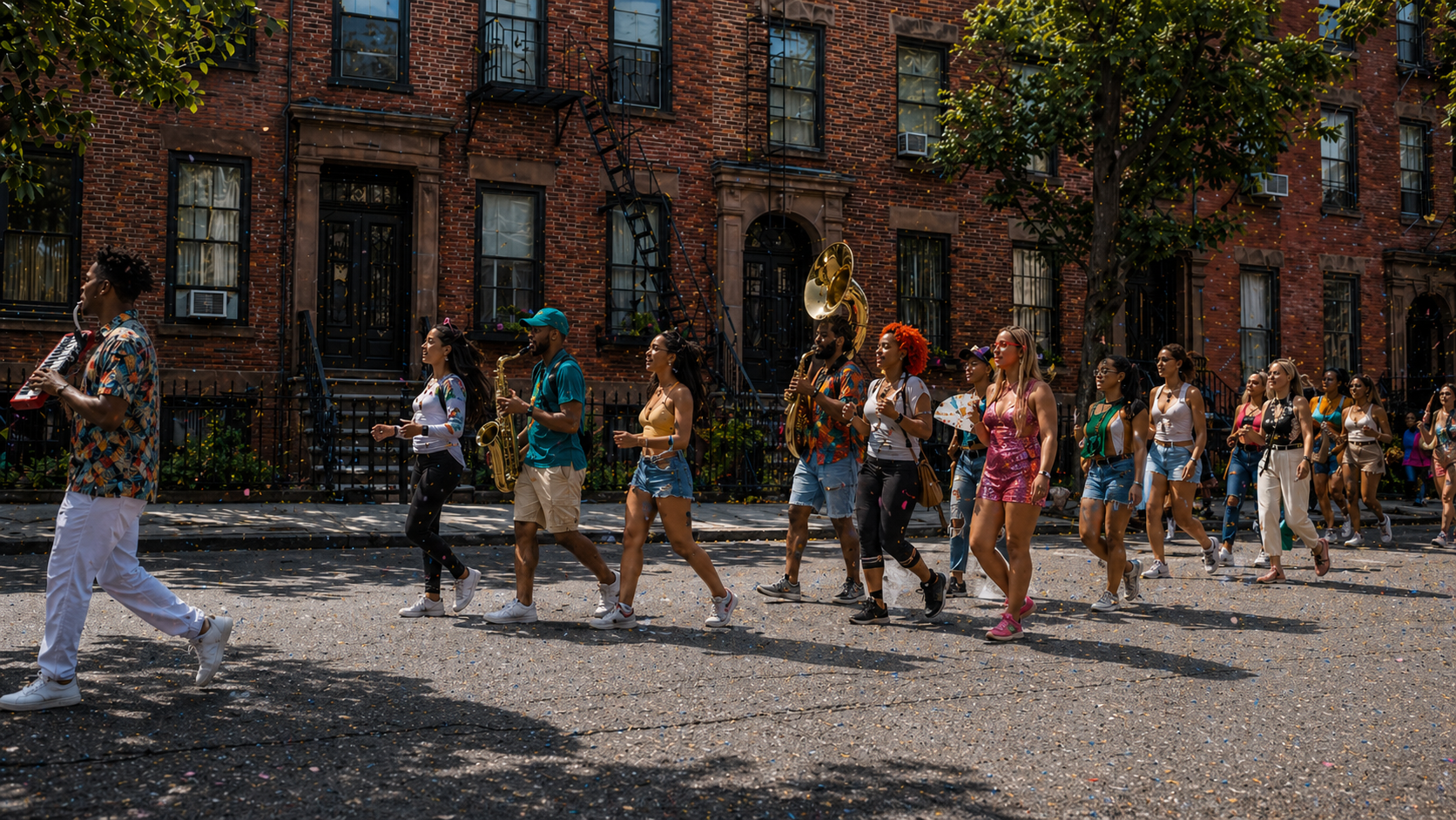 A musician leading a street procession with musicians and dancers outside a brick apartment building