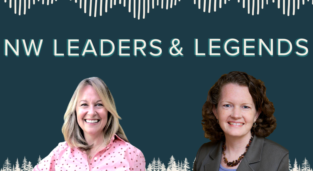 A cover image that says "NW LEADERS & LEGENDS" with host Jill Waters and guest Suzanne Dale Estey